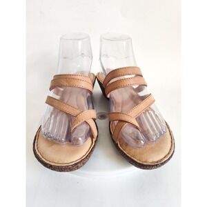 Born Sandals 7 Tan Leather Strappy Slides Toe Loop Boho Comfort Wedge Neutral
